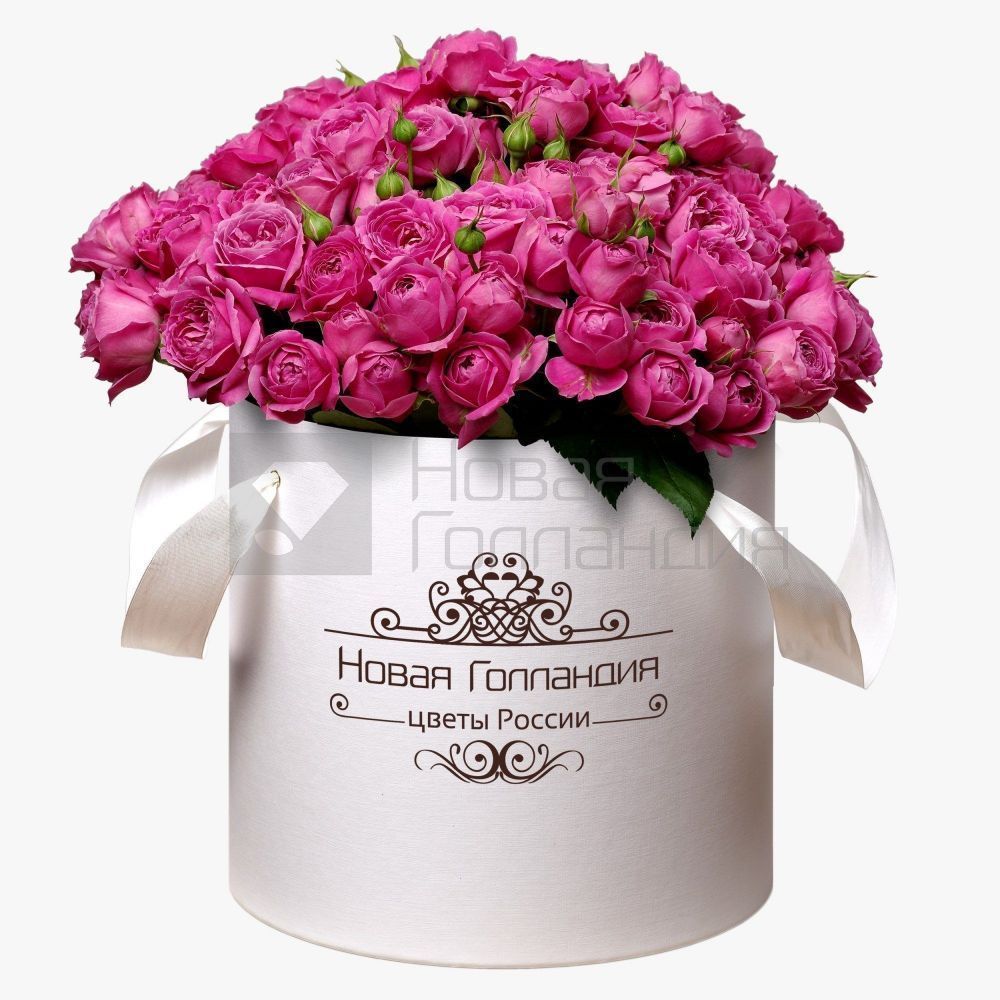 51 розовая кустовая пионовидная роза в большой белой шляпной коробке №240