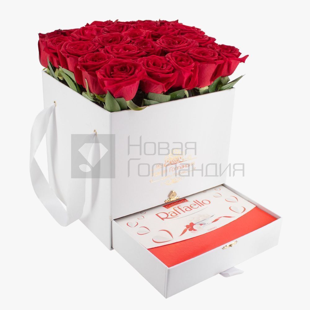 Белая коробка шкатулка 25 красных роз Raffaello в подарок LUX