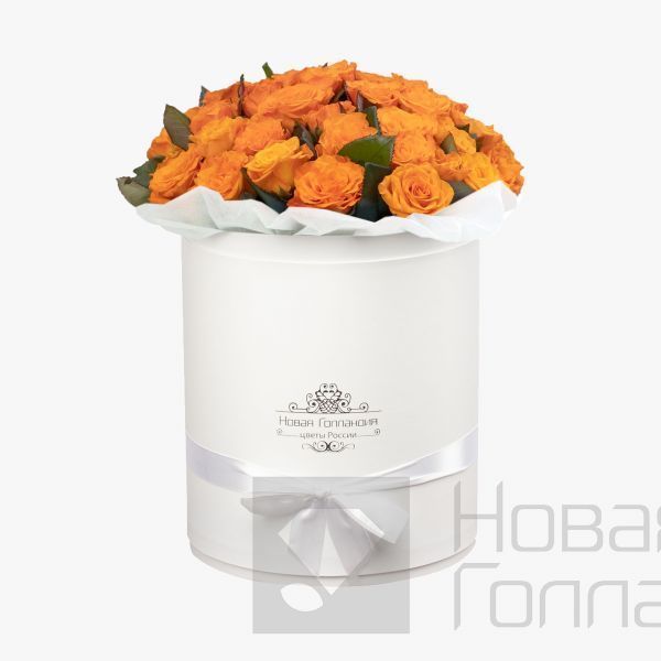 51 оранжевая роза в большой белой шляпной коробке №591