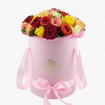35 роз микс в  розовой шляпной коробке 35 роз микс в  розовой шляпной коробке