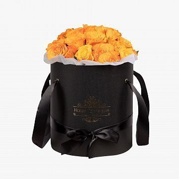 25 оранжевых роз в черной шляпной коробке №603 25 оранжевых роз в черной шляпной коробке №603