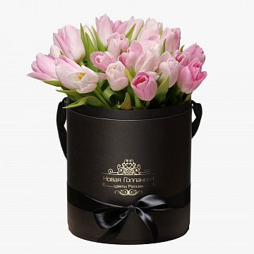 35 розовых тюльпанов в черной шляпной коробке №343 35 розовых тюльпанов в черной шляпной коробке №343