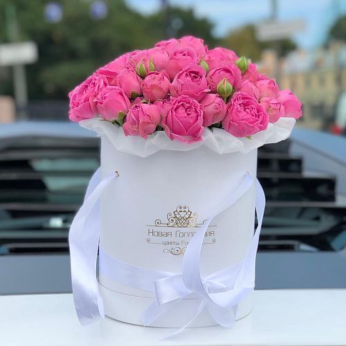 11 розовых кустовых пионовидных роз в белой шляпной коробке 