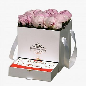 9 пионов в белой коробке шкатулке Raffaello в подарок №431