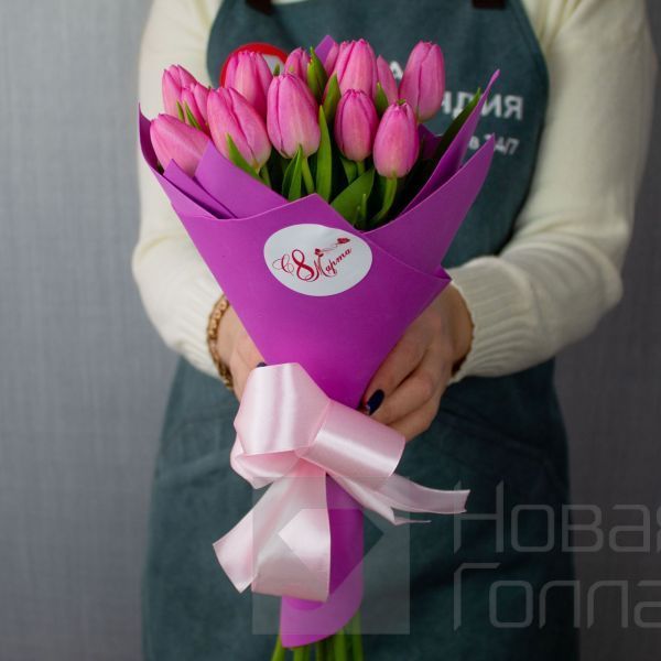 Букет 15 розовых тюльпанов-9