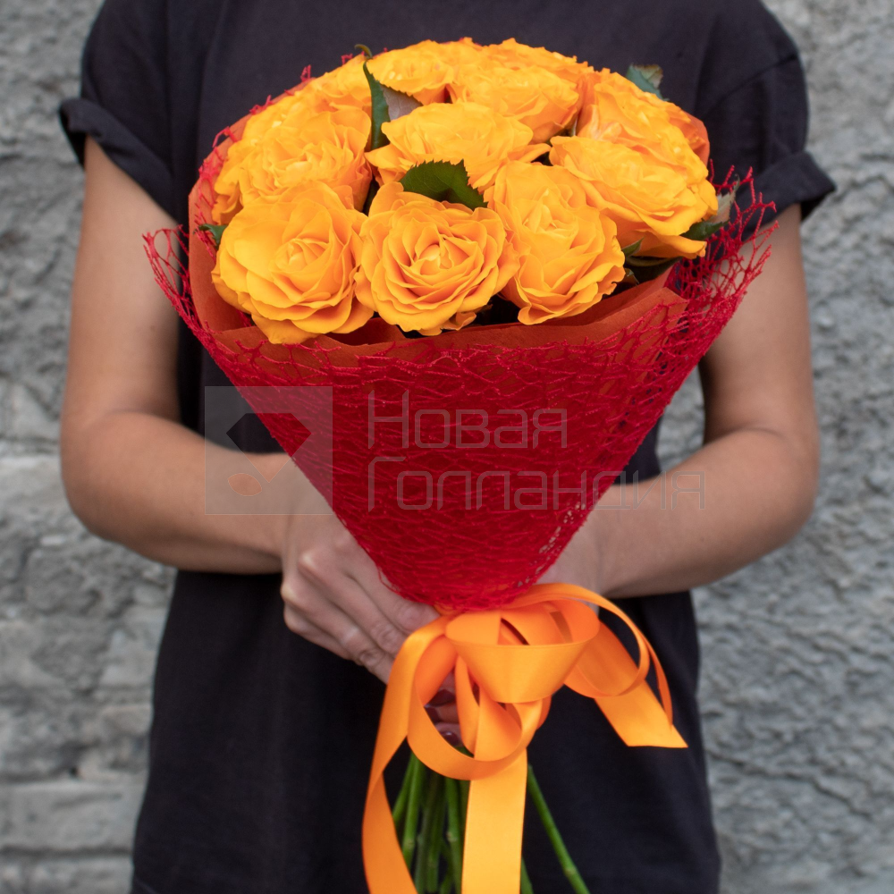 Букет 15 оранжевых роз 50см.
