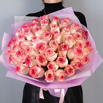 Букет 51 розовая роза с каймой Кения 40 см в упаковке