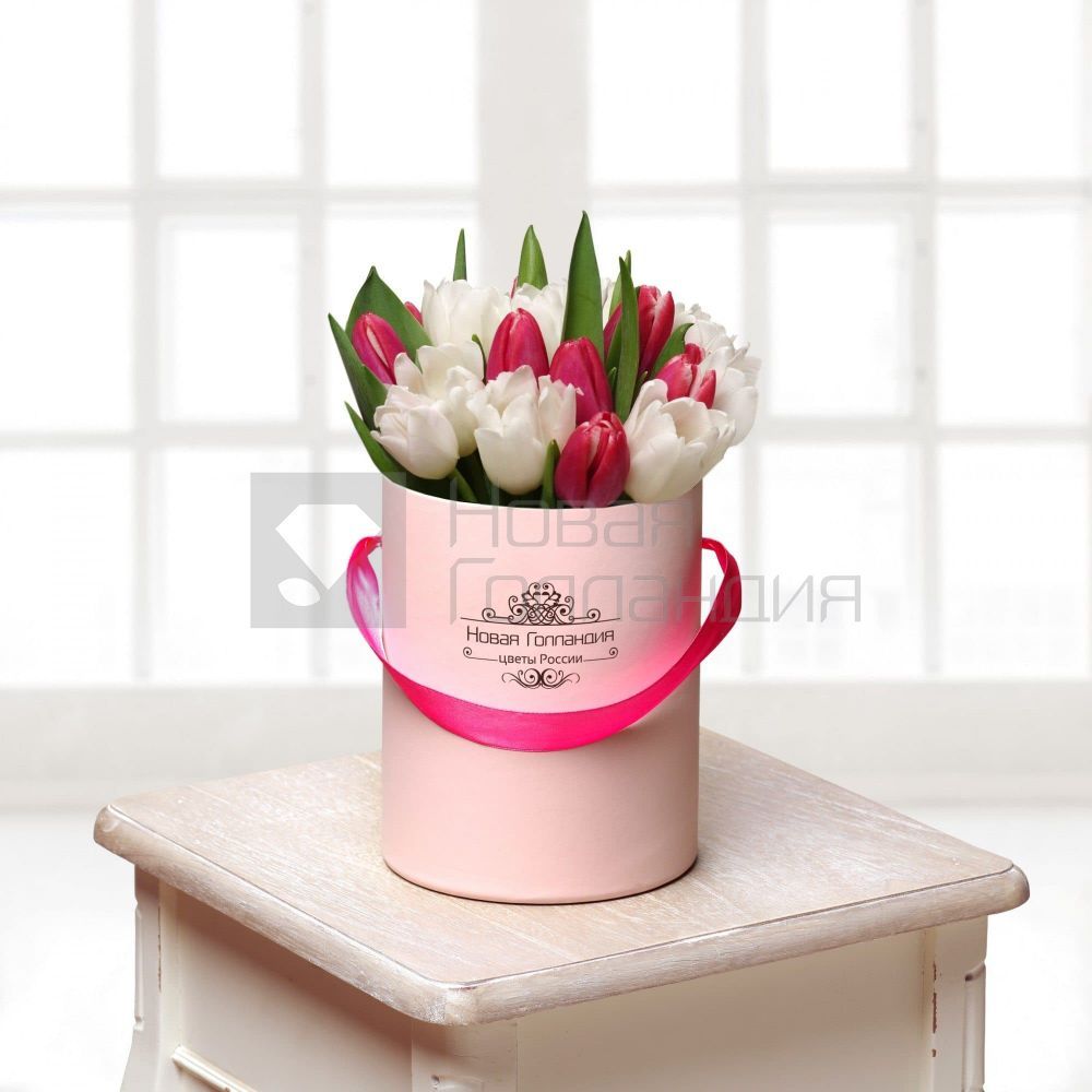 25 красно-белых тюльпанов в маленькой розовой шляпной коробке №417