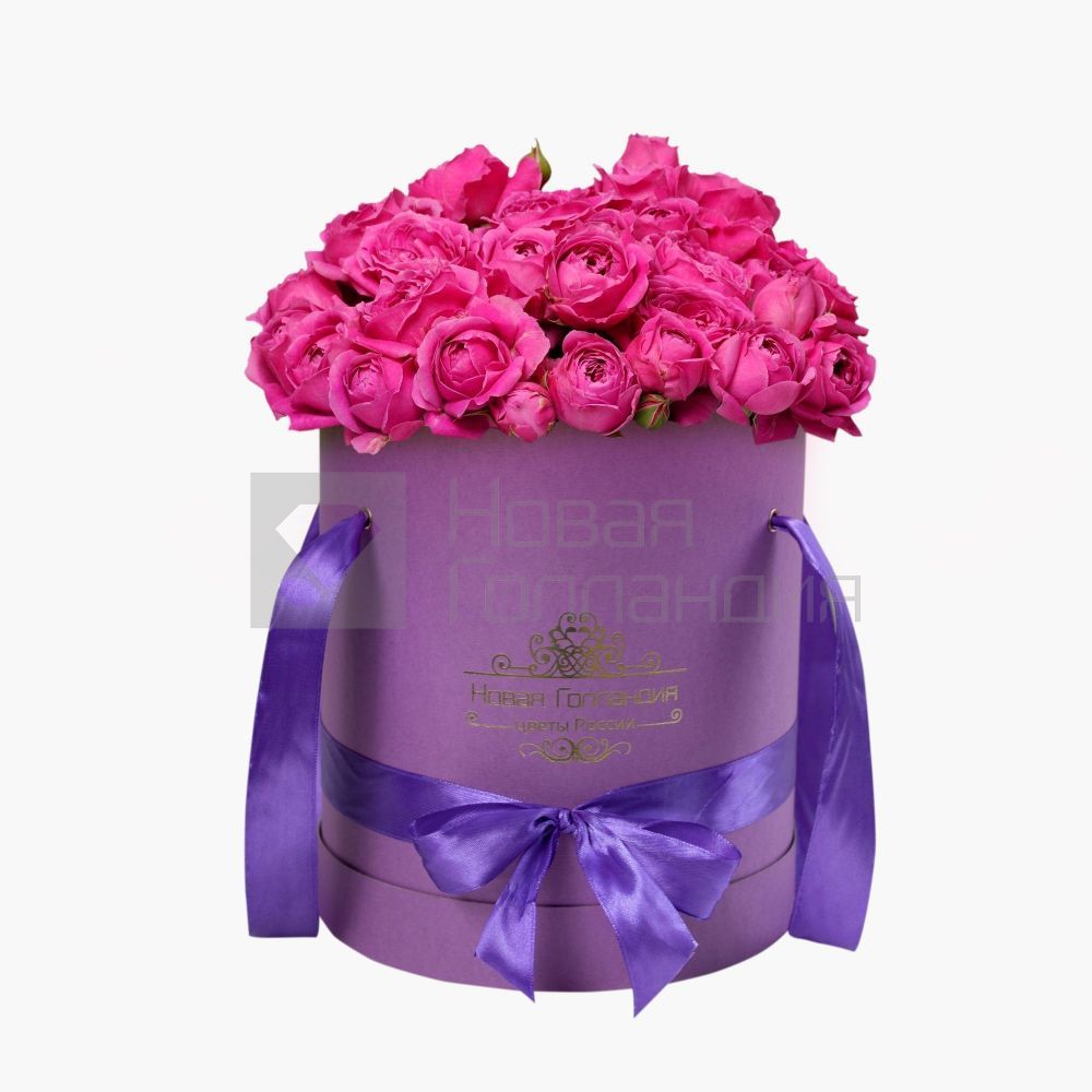 11 розовых кустовых пионовидных роз в сиреневой шляпной коробке №47