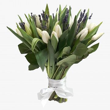 Букет 35 белых тюльпанов с лавандой