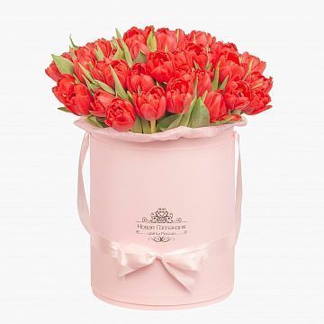 59 красных тюльпанов в большой розовой шляпной коробке №508 59 красных тюльпанов в большой розовой шляпной коробке №508
