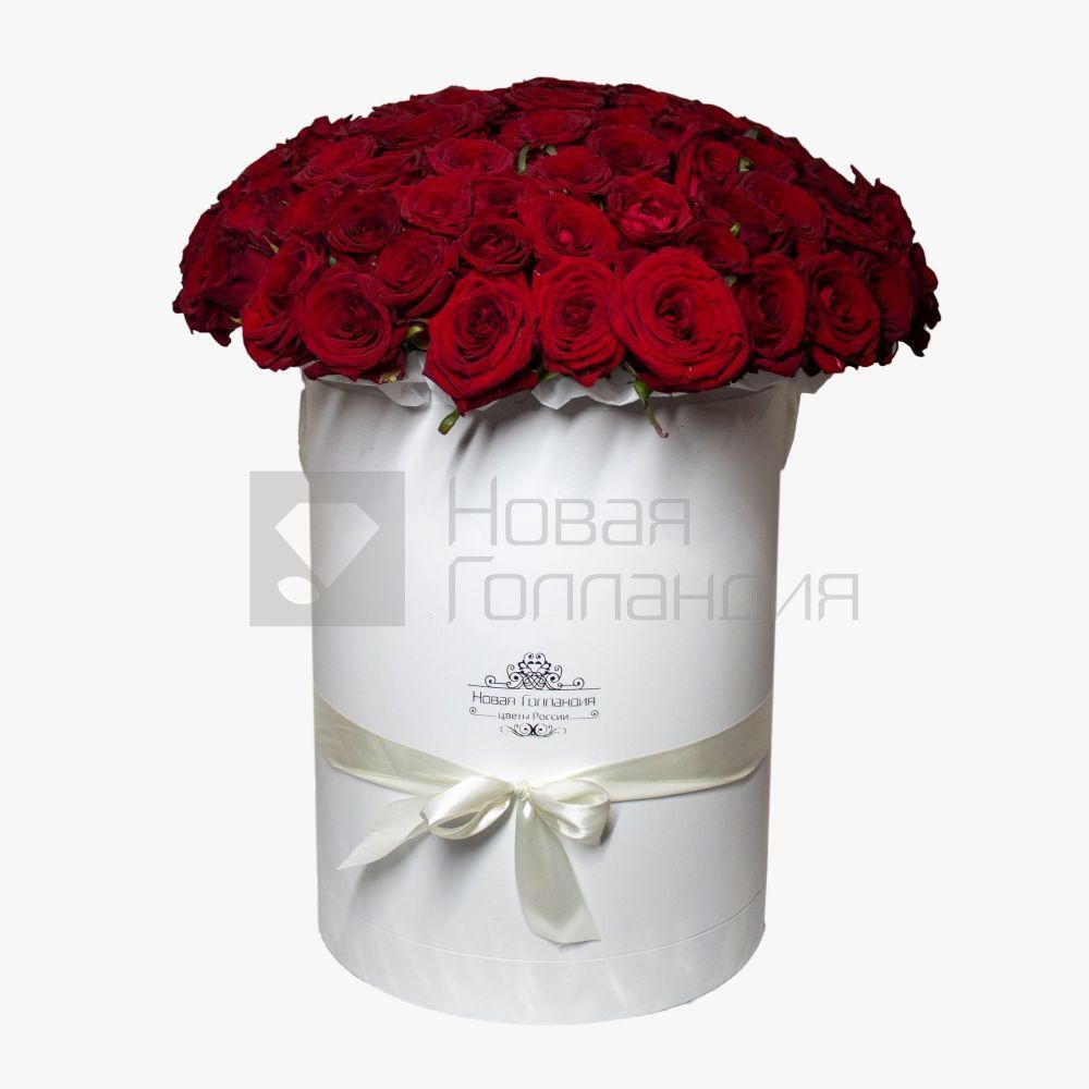 101 Красная роза в большой белой шляпной коробке №674