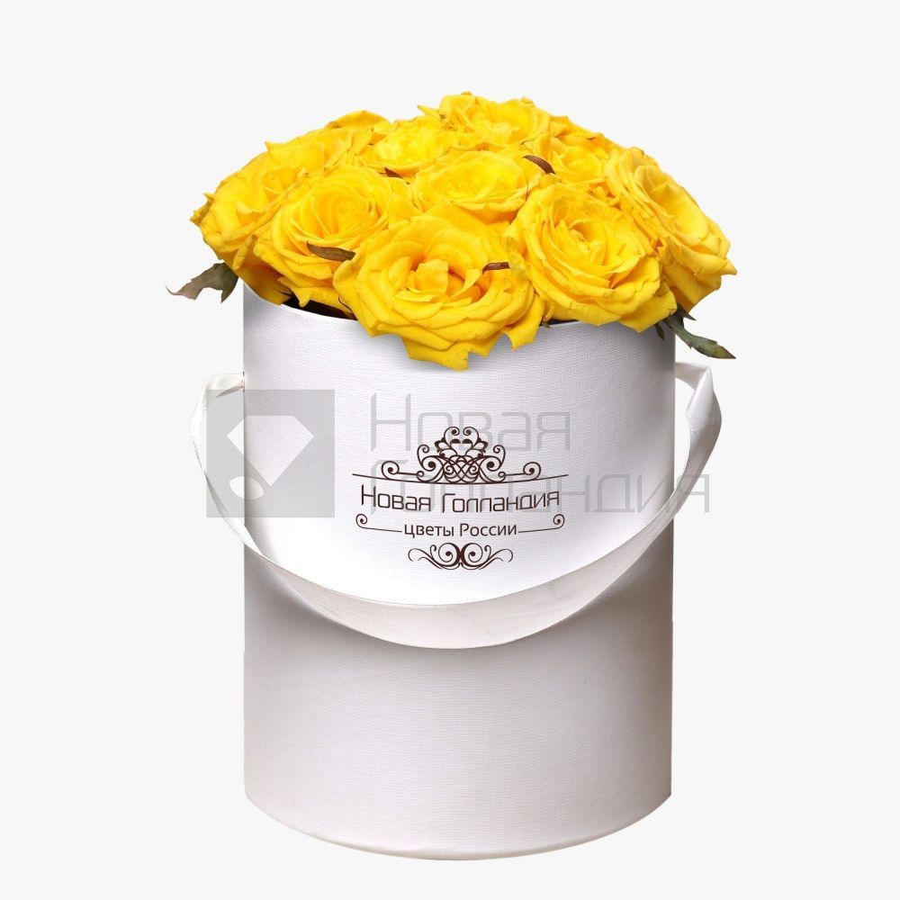 15 желтых роз в маленькой белой шляпной коробке №284