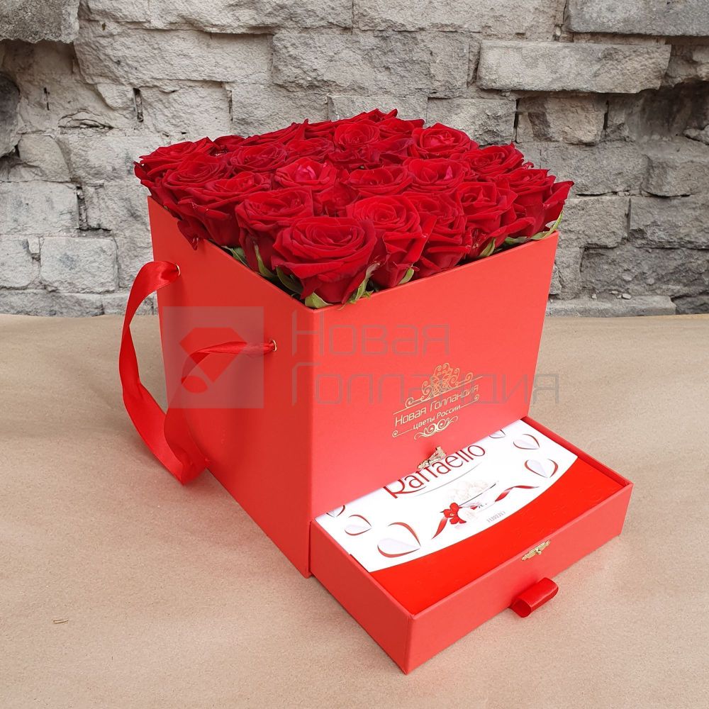Красная коробка шкатулка 25 красных роз Raffaello в подарок №401