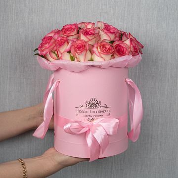 21 розовая роза в розовой коробке LUX 21 розовая роза в розовой коробке LUX