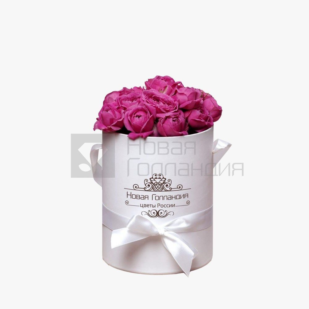 9 розовых кустовых пионовидных роз в маленькой белой коробке №241