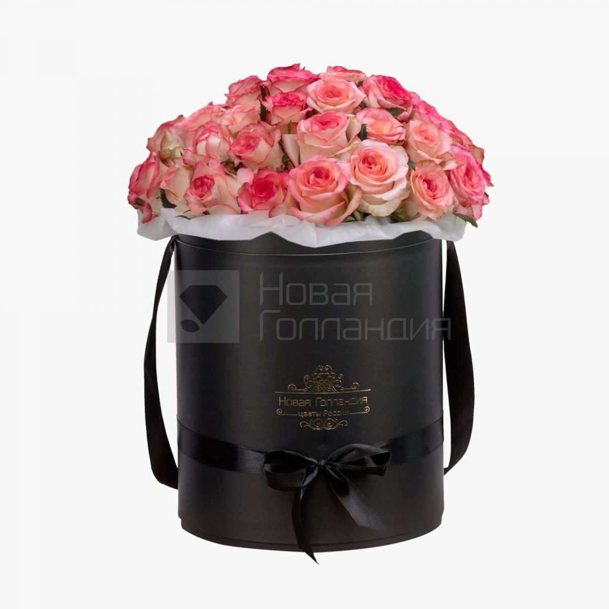 51 розовая роза Джумелия в большой черной шляпной коробке №610