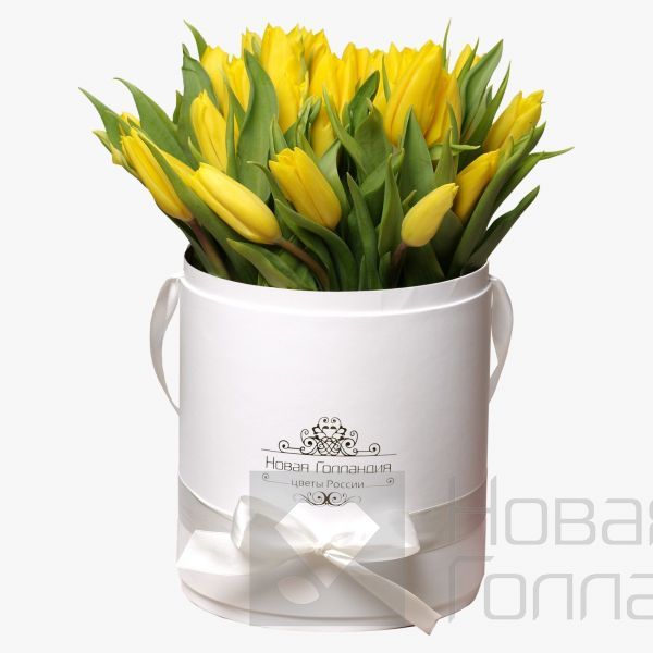 35 желтых тюльпанов в белой шляпной коробке №216