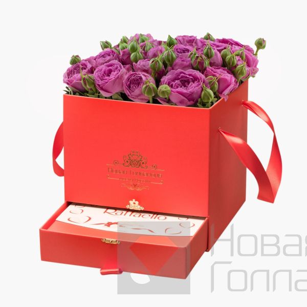 Красная коробка-шкатулка с розовой кустовой пионовидной розой №624